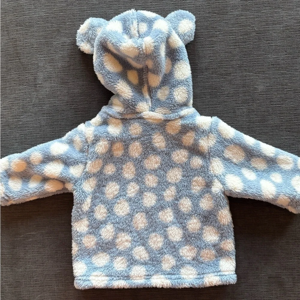 Hanna Andersson Plush Hooded Baby Jacket bear ears Blue & Cream polka dot 3-6 m